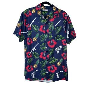 Springfield Armory Shirt Large Blue Tactical Floral Pineapple Gun Print Hawaiian